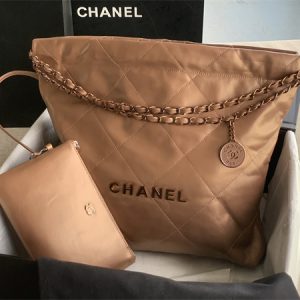 Cha.nel 22 Medium Handbag Shiny Calfskin Iridescent Tone Metal Brown AS3261