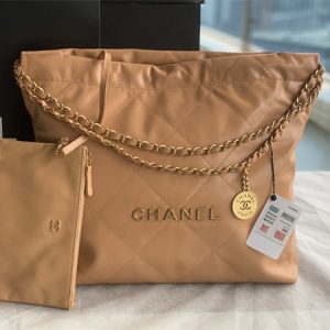 Cha.nel 22 Medium Handbag Shiny Calfskin Gold Tone Metal Brown AS3261