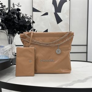 Cha.nel 22 Medium Handbag Shiny Calfskin Silver Tone Metal Brown AS3261