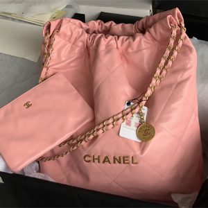 Cha.nel 22 Large Handbag Shiny Calfskin Gold Tone Metal Pink AS3262