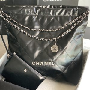 Cha.nel 22 Large Handbag Shiny Calfskin Silver Tone Metal Black AS3262