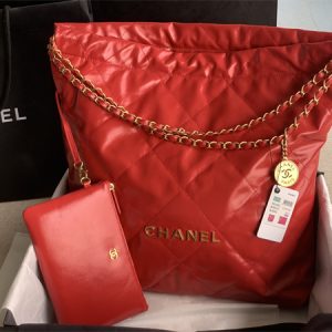Cha.nel 22 Large Handbag Shiny Calfskin Gold Tone Metal Red AS3262