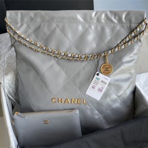 Cha.nel 22 Large Handbag Shiny Calfskin Gold Tone Metal Grey AS3262