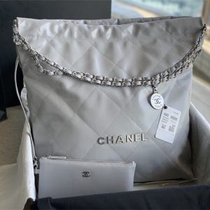 Cha.nel 22 Large Handbag Shiny Calfskin Silver Tone Metal Grey AS3262