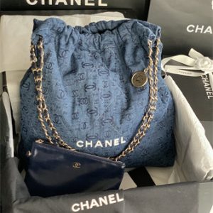 Cha.nel 22 Large Handbag Denim Gold Tone Metal AS3262