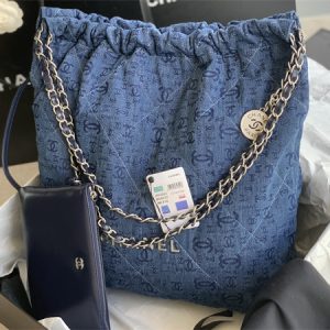 Cha.nel 22 Large Handbag Denim Silver Tone Metal AS3262