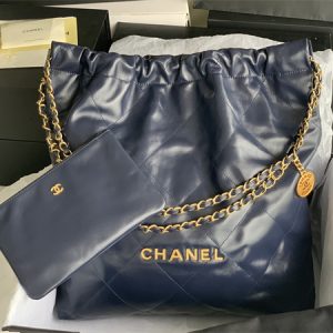 Cha.nel 22 Large Handbag Shiny Calfskin Gold Tone Metal Navy AS3262