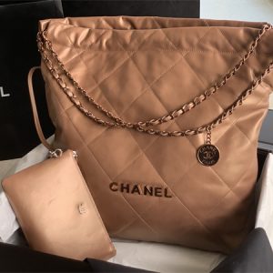 Cha.nel 22 Large Handbag Shiny Calfskin Iridescent Tone Metal Brown AS3262