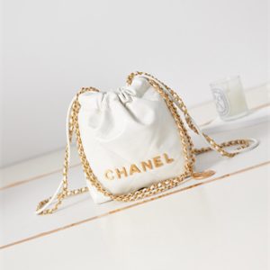 Cha.nel 22 Mini Handbag Shiny Calfskin Gold Tone Metal White AS3980