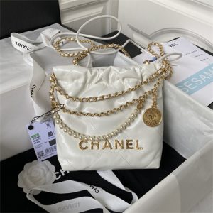 Cha.nel 22 Mini Handbag Shiny Calfskin Pearl Gold Tone Metal White AS3980