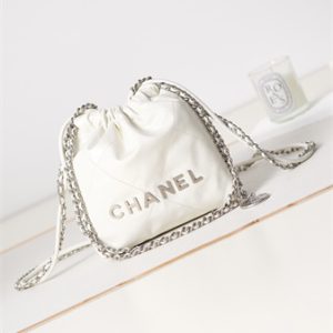 Cha.nel 22 Mini Handbag Shiny Calfskin Silver Tone Metal White AS3980
