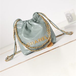 Cha.nel 22 Mini Handbag Shiny Calfskin Gold Tone Metal Mint AS3980