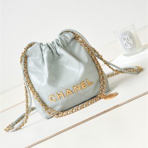 Cha.nel 22 Mini Handbag Shiny Calfskin Gold Tone Metal Pale Blue AS3980