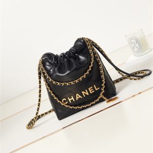 Cha.nel 22 Mini Handbag Shiny Calfskin Gold Tone Metal Black AS3980