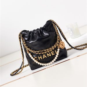 Cha.nel 22 Mini Handbag Shiny Calfskin Pearl Gold Tone Metal Black AS3980