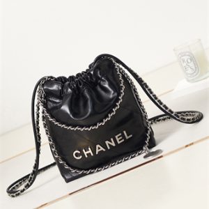 Cha.nel 22 Mini Handbag Shiny Calfskin Silver Tone Metal Black AS3980