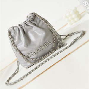Cha.nel 22 Mini Handbag Shiny Calfskin Silver Tone Metal Grey AS3980