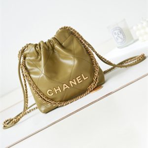 Cha.nel 22 Mini Handbag Shiny Calfskin Gold Tone Metal Mustard AS3980