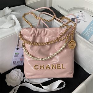 Cha.nel 22 Mini Handbag Shiny Calfskin Pearl Gold Tone Metal Pink AS3980