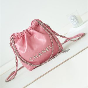 Cha.nel 22 Mini Handbag Shiny Calfskin Silver Tone Metal Lt Pink AS3980