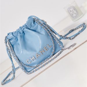 Cha.nel 22 Mini Handbag Shiny Calfskin Silver Tone Metal Blue AS3980