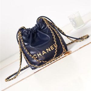 Cha.nel 22 Mini Handbag Shiny Calfskin Gold Tone Metal Navy AS3980