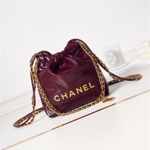 Cha.nel 22 Mini Handbag Shiny Calfskin Gold Tone Metal Burgundy AS3980
