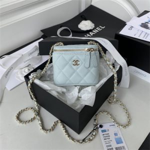 Cha.nel Vanity Case Grained Calfskin Gold Tone Metal Pale Blue AP1340