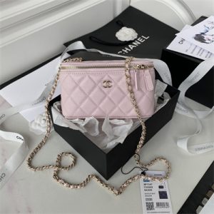 Cha.nel Vanity Case Grained Calfskin Gold Tone Metal Pink AP1341