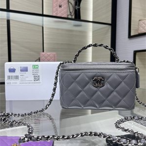 Cha.nel Clutch With Chain Vanity Shiny Crumpled Calfskin, Strass & Ruthenium-Finish Metal Grey AP3593