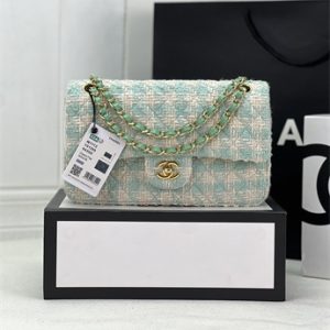 Cha.nel Mini Classic Flap Bag Tweed Gold Tone Metal Green A01116