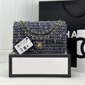 Cha.nel Mini Classic Flap Bag Tweed Gold Tone Metal Navy A01116