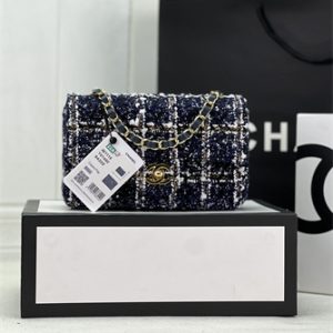 Cha.nel Mini Classic Flap Bag Tweed Gold Tone Metal Navy A01116