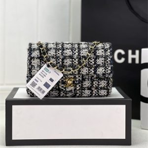 Cha.nel Mini Classic Flap Bag Tweed Gold Tone Metal Black A01116