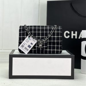 Cha.nel Mini Classic Flap Bag Tweed Silver Tone Metal Black A01116