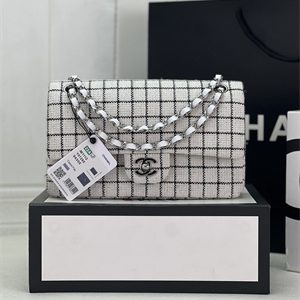 Cha.nel Medium Classic Flap Bag Tweed Silver Tone Metal White A01112