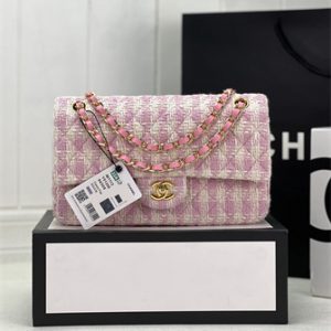 Cha.nel Medium Classic Flap Bag Tweed Gold Tone Metal Pink A01112