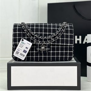 Cha.nel Medium Classic Flap Bag Tweed Silver Tone Metal Black A01112