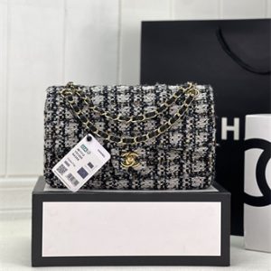Cha.nel Medium Classic Flap Bag Tweed Gold Tone Metal Black A01112