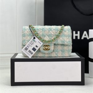 Cha.nel Medium Classic Flap Bag Tweed Gold Tone Metal Green A01112