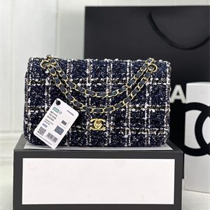 Cha.nel Medium Classic Flap Bag Tweed Gold Tone Metal Navy A01112