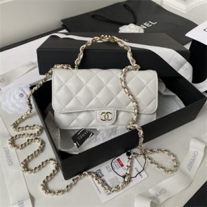 Cha.nel Clutch/Phone Holder With Chain Gold Tone Metal White AP3226
