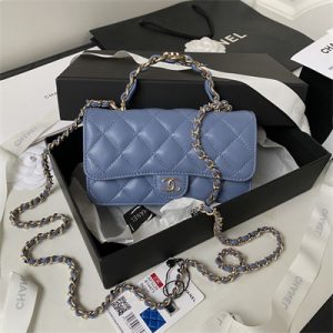 Cha.nel Clutch/Phone Holder With Chain Gold Tone Metal Blue AP3226