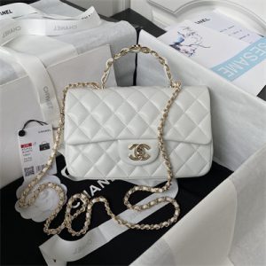 Cha.nel Mini Flap Bag With Top Handle Lambskin Gold Tone Metal White AS2431
