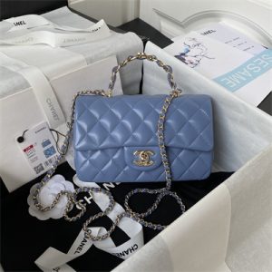 Cha.nel Mini Flap Bag With Top Handle Lambskin Gold Tone Metal Blue AS2431