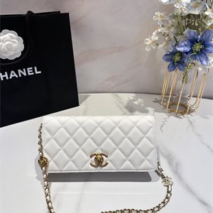 Cha.nel Clutch With Chain Grained Calfskin Gold Tone Metal White AP3581