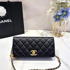 Cha.nel Clutch With Chain Grained Calfskin Gold Tone Metal Black AP3581