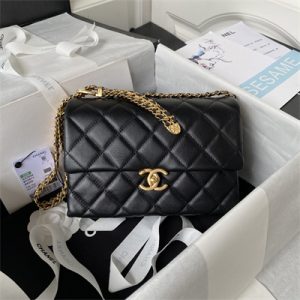 Cha.nel Small Flap Bag Calfskin Gold Tone Metal Black AS3994