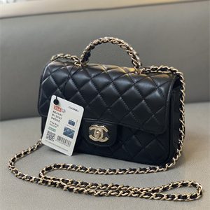 Cha.nel Small Flap Bag With Diamond Top Handle Lambskin Gold Tone Metal Black AS4141