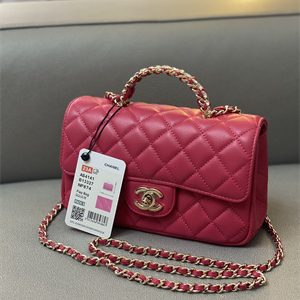 Cha.nel Small Flap Bag With Diamond Top Handle Lambskin Gold Tone Metal Red AS4141